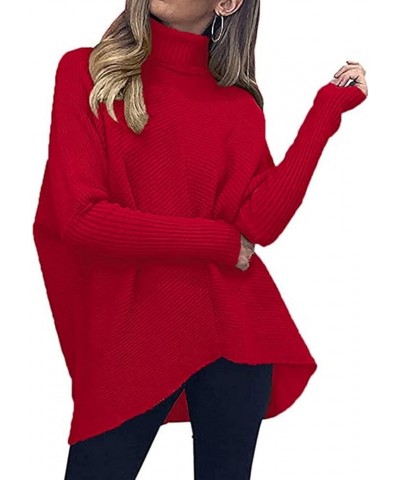 Womens Long Sleeve Turtleneck Sweaters Oversized Knit Loose Asymmetrical Hem Pullover Tunic Tops Red $24.29 Sweaters