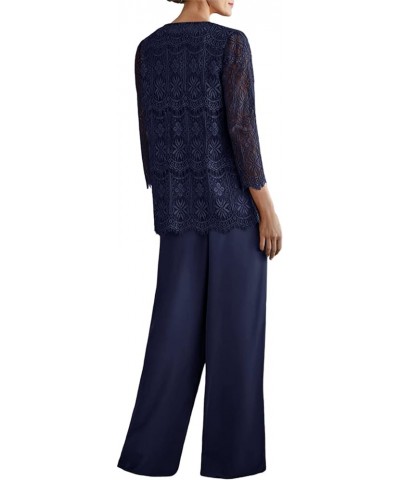 Women's Chiffon and Lace 3 Pieces Mother Suit Pants Wedding Guest Party Evening Outfit Navy Blue $66.70 Suits