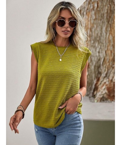 Women's Textured Cap Sleeve Top Solid Crew Neck T Shirt Olive Green $12.15 T-Shirts