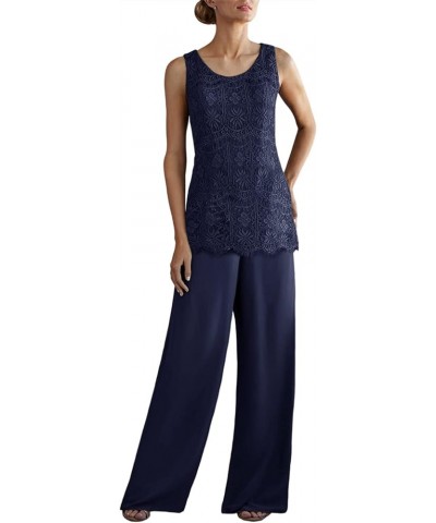 Women's Chiffon and Lace 3 Pieces Mother Suit Pants Wedding Guest Party Evening Outfit Navy Blue $66.70 Suits