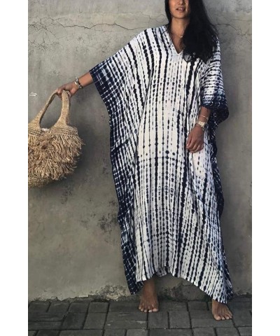 Women Beachwear Long Beach Coverups Kaftan Casual Caftan Dress Indigo Striped $19.57 Swimsuits