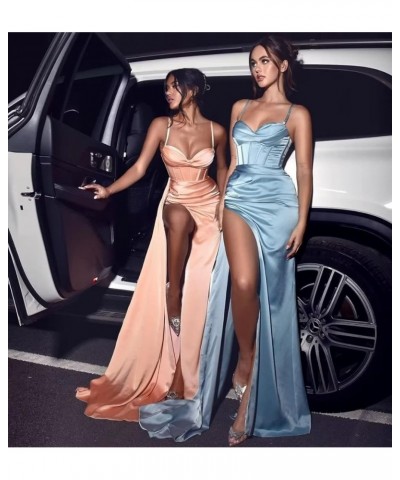 Mermaid Satin Bridesmaid Dresses for Women Prom Dresses with Slit Spaghetti Straps Long Formal Dress White $32.25 Dresses