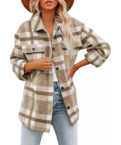 Womens Casual Plaid Button Down Long Sleeve Shirts Flannel Shacket Jacket Coats A Khaki $27.53 Blouses