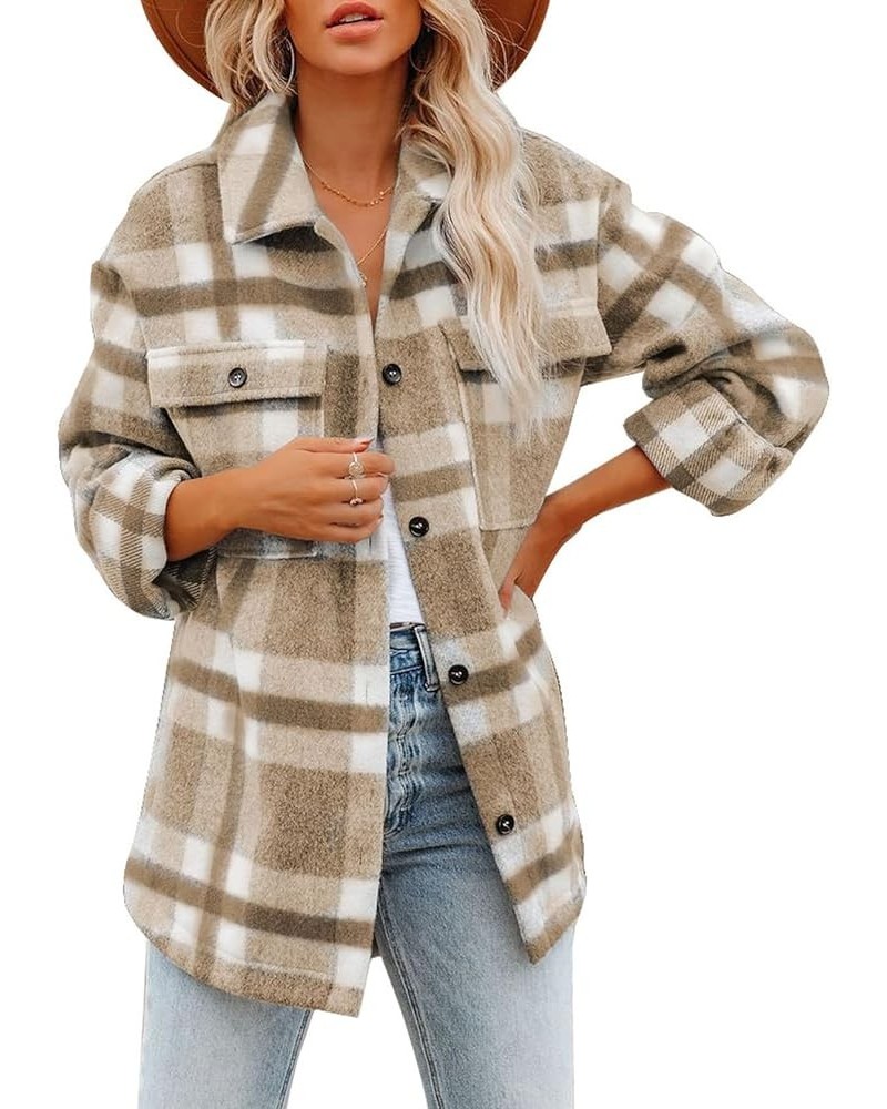 Womens Casual Plaid Button Down Long Sleeve Shirts Flannel Shacket Jacket Coats A Khaki $27.53 Blouses