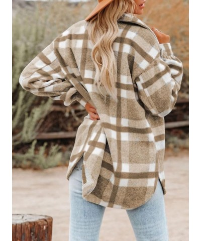 Womens Casual Plaid Button Down Long Sleeve Shirts Flannel Shacket Jacket Coats A Khaki $27.53 Blouses