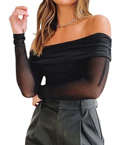 Womens Off Shoulder Long Sleeve Top Ruched Mesh Sexy Crop Shirt Slash Neck Slim Fit See Through Sheer Tee Tops Mesh Black $7....