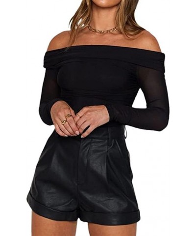 Womens Off Shoulder Long Sleeve Top Ruched Mesh Sexy Crop Shirt Slash Neck Slim Fit See Through Sheer Tee Tops Mesh Black $7....