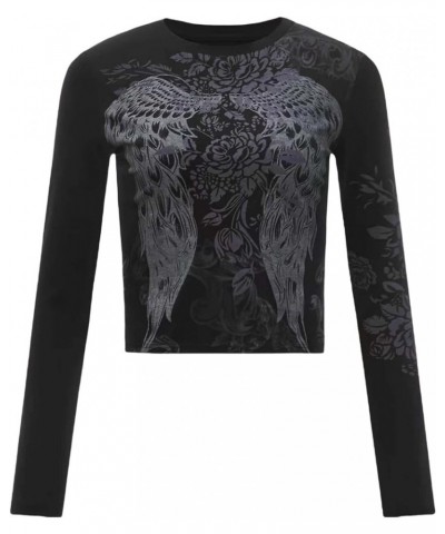 Women's Gothic Wing Floral Graphic Y2K Crop Tee Tops Long Sleeve Casual T Shirts Black $12.50 T-Shirts