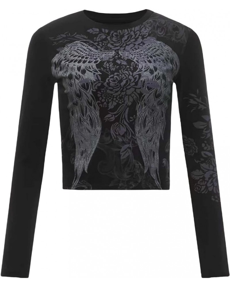 Women's Gothic Wing Floral Graphic Y2K Crop Tee Tops Long Sleeve Casual T Shirts Black $12.50 T-Shirts