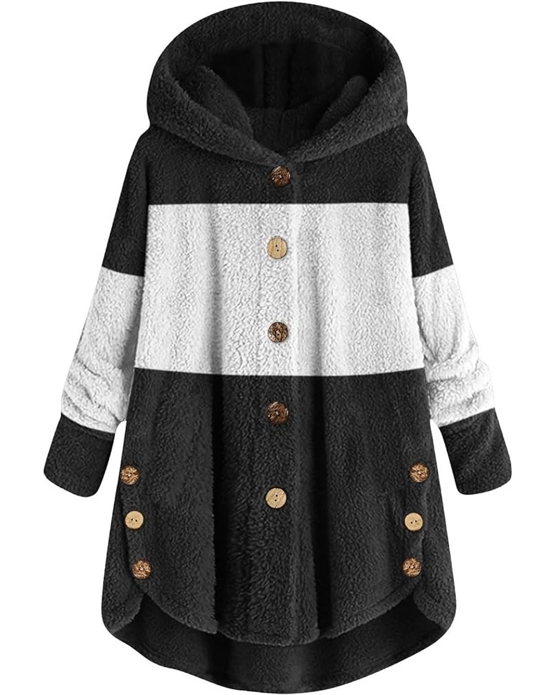 Womens Winter Coats Fluffy Sherpa Fashion Stitching Loose Hoodies Long Sleeve Plush Button Coat Black $8.61 Jackets