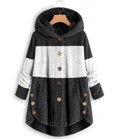 Womens Winter Coats Fluffy Sherpa Fashion Stitching Loose Hoodies Long Sleeve Plush Button Coat Black $8.61 Jackets