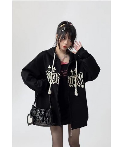 Goth Embroidery Hoodies Women High Street Harajuku Retro Hip Hop Zip Up Hoodie Loose Man Sweatshirt Y2K Hoodie Black $20.39 H...