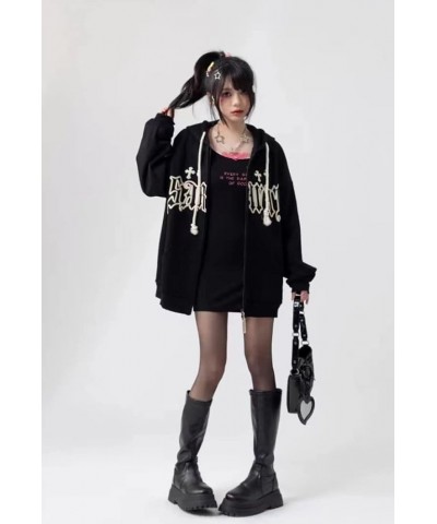 Goth Embroidery Hoodies Women High Street Harajuku Retro Hip Hop Zip Up Hoodie Loose Man Sweatshirt Y2K Hoodie Black $20.39 H...