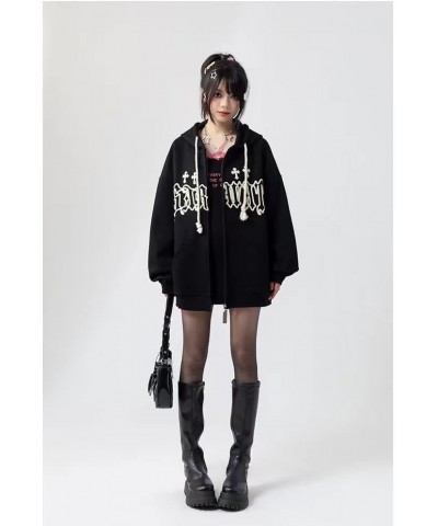 Goth Embroidery Hoodies Women High Street Harajuku Retro Hip Hop Zip Up Hoodie Loose Man Sweatshirt Y2K Hoodie Black $20.39 H...