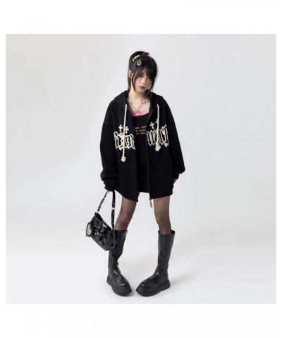 Goth Embroidery Hoodies Women High Street Harajuku Retro Hip Hop Zip Up Hoodie Loose Man Sweatshirt Y2K Hoodie Black $20.39 H...