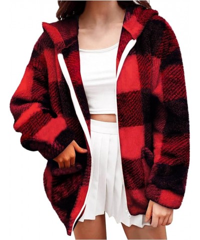 Women Sherpa Fleece Jackets Casual Long Sleeve Plaid Coat Zip Up Hoodie Jacket Oversized Fall Winter Outwear Red $7.64 Jackets