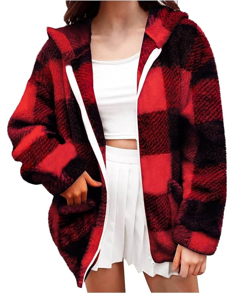 Women Sherpa Fleece Jackets Casual Long Sleeve Plaid Coat Zip Up Hoodie Jacket Oversized Fall Winter Outwear Red $7.64 Jackets