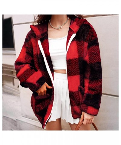 Women Sherpa Fleece Jackets Casual Long Sleeve Plaid Coat Zip Up Hoodie Jacket Oversized Fall Winter Outwear Red $7.64 Jackets