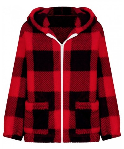 Women Sherpa Fleece Jackets Casual Long Sleeve Plaid Coat Zip Up Hoodie Jacket Oversized Fall Winter Outwear Red $7.64 Jackets