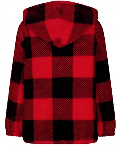 Women Sherpa Fleece Jackets Casual Long Sleeve Plaid Coat Zip Up Hoodie Jacket Oversized Fall Winter Outwear Red $7.64 Jackets