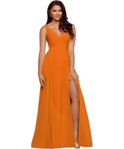 V-Neck Bridesmaid Dress Long with Slit Chiffon A-line Pleated Formal Dresses for Women WD1932P Orange $24.79 Dresses