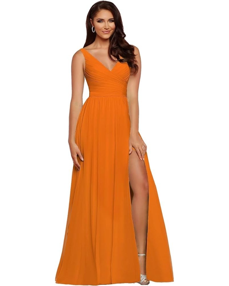 V-Neck Bridesmaid Dress Long with Slit Chiffon A-line Pleated Formal Dresses for Women WD1932P Orange $24.79 Dresses