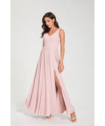 V-Neck Bridesmaid Dress Long with Slit Chiffon A-line Pleated Formal Dresses for Women WD1932P Orange $24.79 Dresses