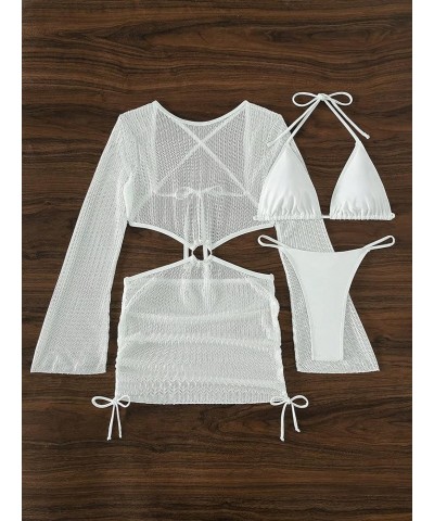 Women's 3 Piece Swimsuit Tie Back Halter Triangle Thong Bikini Set with Cover Up Dress White $22.54 Swimsuits