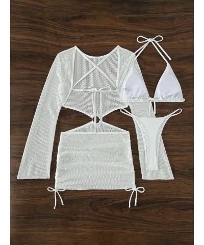 Women's 3 Piece Swimsuit Tie Back Halter Triangle Thong Bikini Set with Cover Up Dress White $22.54 Swimsuits