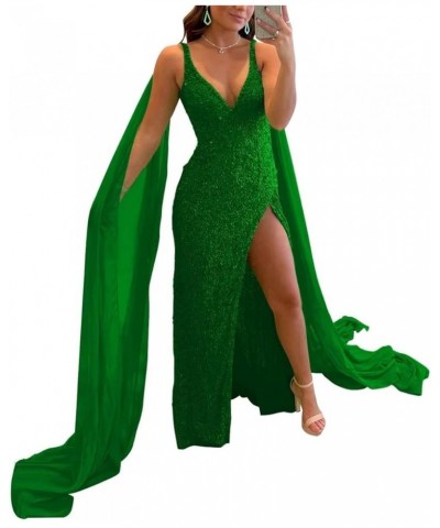 Women's Spaghetti Sequin Prom Dresses Sparkly V Neck Long Detachable Shoulder Formal Party Gowns with Slit Green $36.55 Dresses