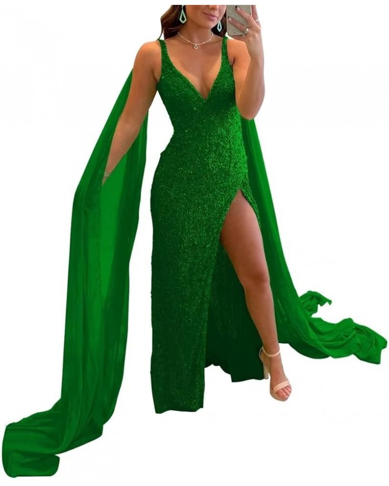 Women's Spaghetti Sequin Prom Dresses Sparkly V Neck Long Detachable Shoulder Formal Party Gowns with Slit Green $36.55 Dresses