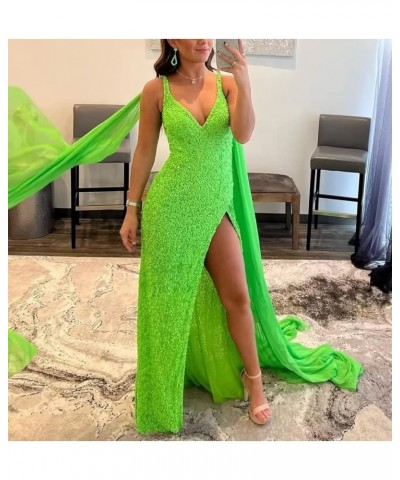 Women's Spaghetti Sequin Prom Dresses Sparkly V Neck Long Detachable Shoulder Formal Party Gowns with Slit Green $36.55 Dresses