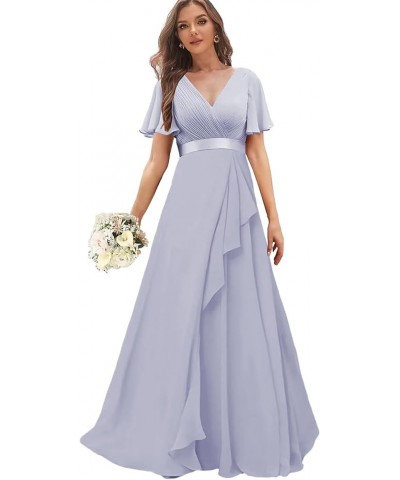 Chiffon Bridesmaid Dresses with Sleeves Long Formal Wedding Guest Dress for Women V Neck Evening Gown Lavender $27.53 Dresses