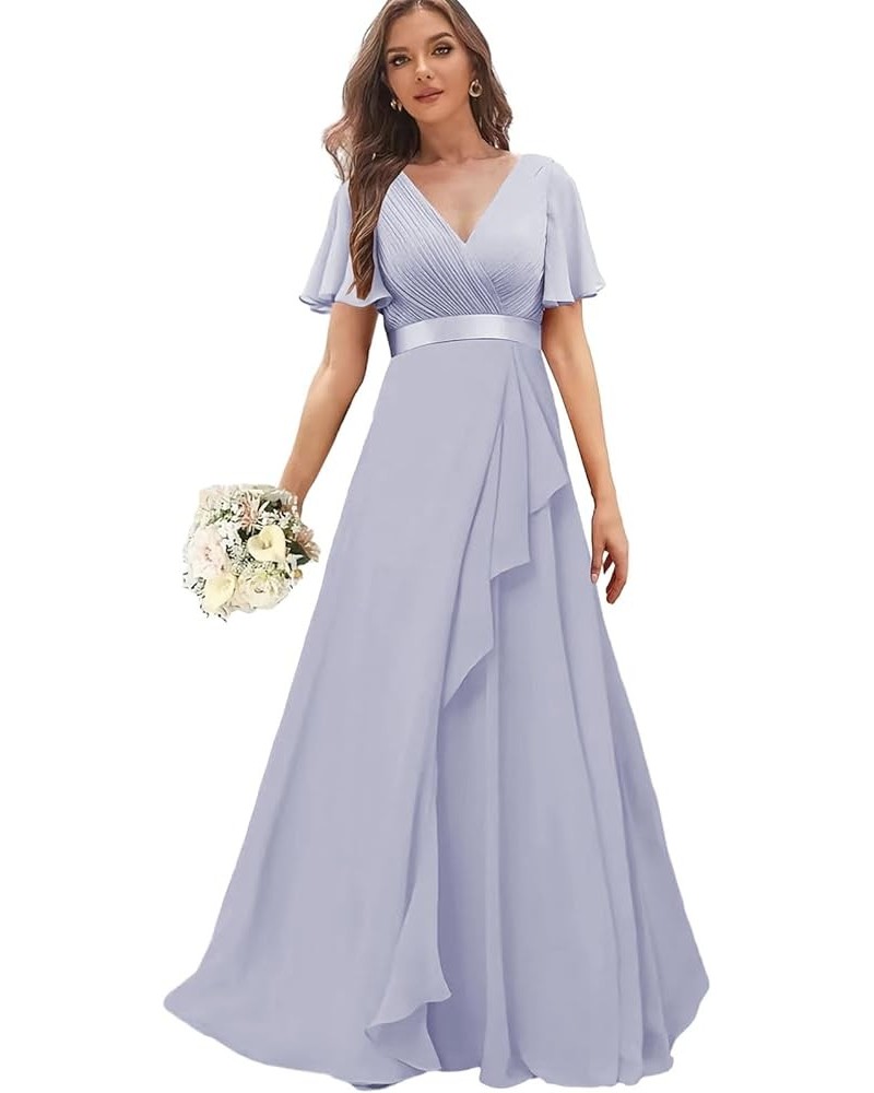 Chiffon Bridesmaid Dresses with Sleeves Long Formal Wedding Guest Dress for Women V Neck Evening Gown Lavender $27.53 Dresses