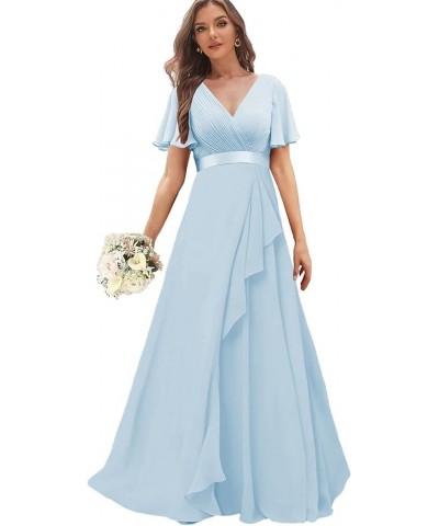 Chiffon Bridesmaid Dresses with Sleeves Long Formal Wedding Guest Dress for Women V Neck Evening Gown Lavender $27.53 Dresses