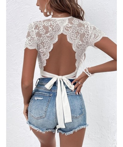 Women's Floral Lace Open Back Scalloped Short Sleeve Sexy Backless Party Bodysuit White $10.59 Bodysuits