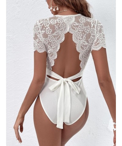 Women's Floral Lace Open Back Scalloped Short Sleeve Sexy Backless Party Bodysuit White $10.59 Bodysuits