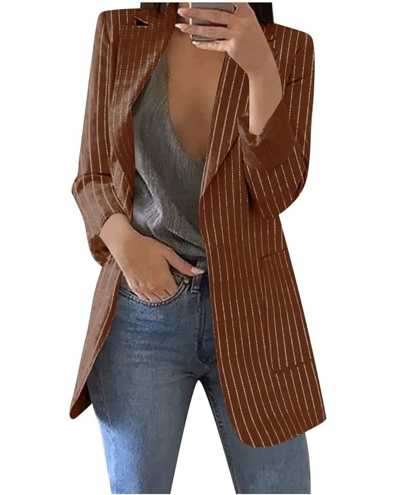 Women's Casual Blazer Stripe Open Front Pockets Cardigan Formal Suit Long Sleeve Blouse Coat Casual Blazer Brown-3 $19.61 Bla...