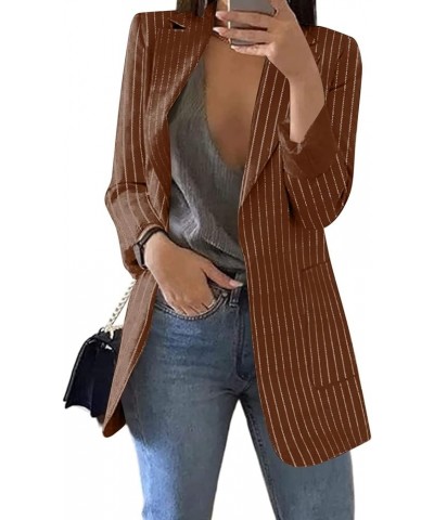 Women's Casual Blazer Stripe Open Front Pockets Cardigan Formal Suit Long Sleeve Blouse Coat Casual Blazer Brown-3 $19.61 Bla...