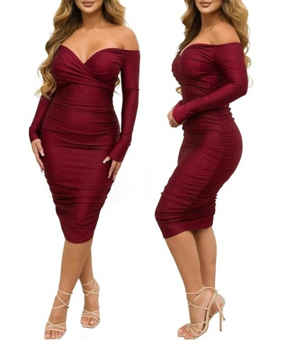 Women's Sexy Deep V Neck Off Shoulder Ruched Bodycon Long Sleeve Midi Dress Evening Party Cocktail Dress Burgundy $18.78 Dresses