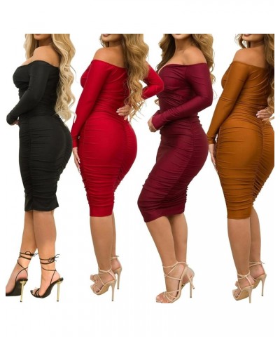 Women's Sexy Deep V Neck Off Shoulder Ruched Bodycon Long Sleeve Midi Dress Evening Party Cocktail Dress Burgundy $18.78 Dresses