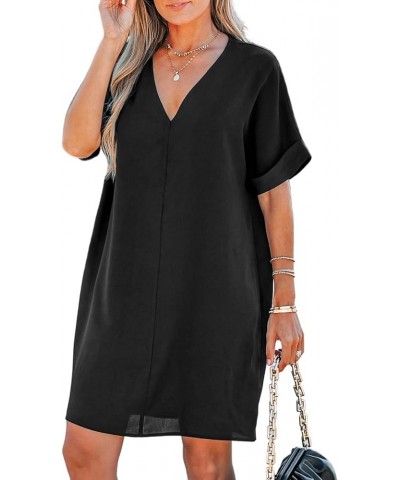 Women V-Neck Oversized Katan Dress Summer Short Sleeve Solid Dresses Black $20.89 Swimsuits