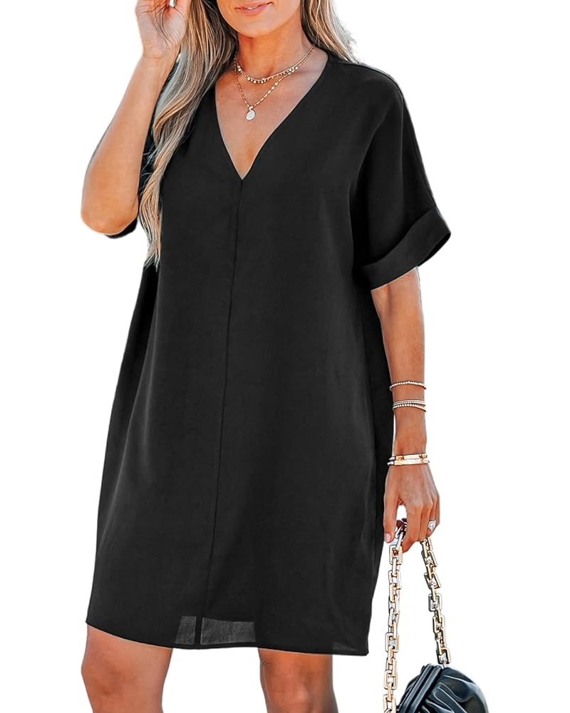 Women V-Neck Oversized Katan Dress Summer Short Sleeve Solid Dresses Black $20.89 Swimsuits