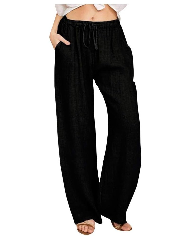 Women Linen Palazzo Pants Baggy Slacks Boho Wide Leg Drawstring Elastic Waist Casual Lounge Pant Trousers with Pockets 05 Bla...