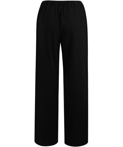 Women Linen Palazzo Pants Baggy Slacks Boho Wide Leg Drawstring Elastic Waist Casual Lounge Pant Trousers with Pockets 05 Bla...