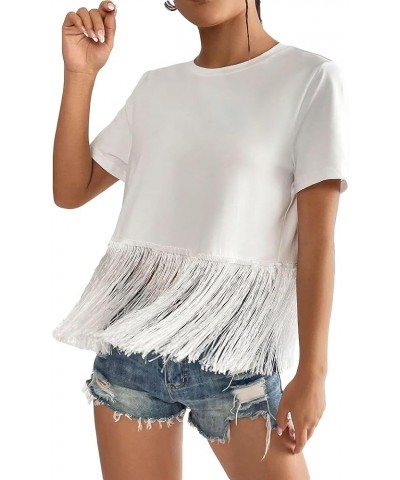 Women's Short Sleeve Fringe Trim Summer Casual Blouse Shirts Blouse Tops White $10.79 Blouses