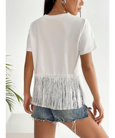 Women's Short Sleeve Fringe Trim Summer Casual Blouse Shirts Blouse Tops White $10.79 Blouses