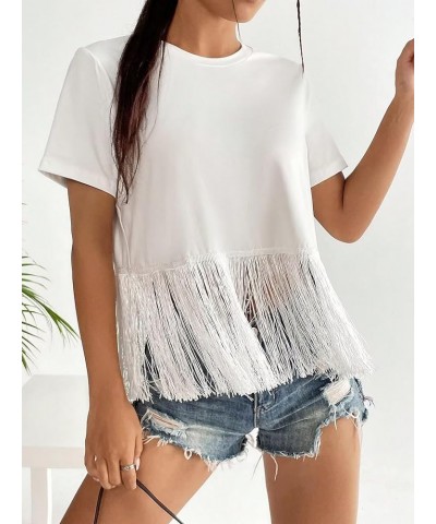 Women's Short Sleeve Fringe Trim Summer Casual Blouse Shirts Blouse Tops White $10.79 Blouses