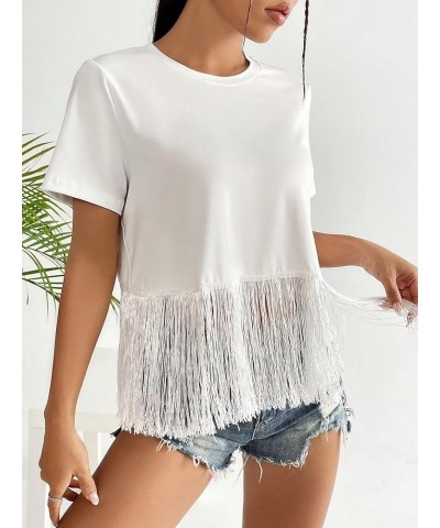 Women's Short Sleeve Fringe Trim Summer Casual Blouse Shirts Blouse Tops White $10.79 Blouses