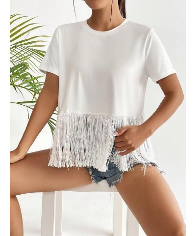 Women's Short Sleeve Fringe Trim Summer Casual Blouse Shirts Blouse Tops White $10.79 Blouses